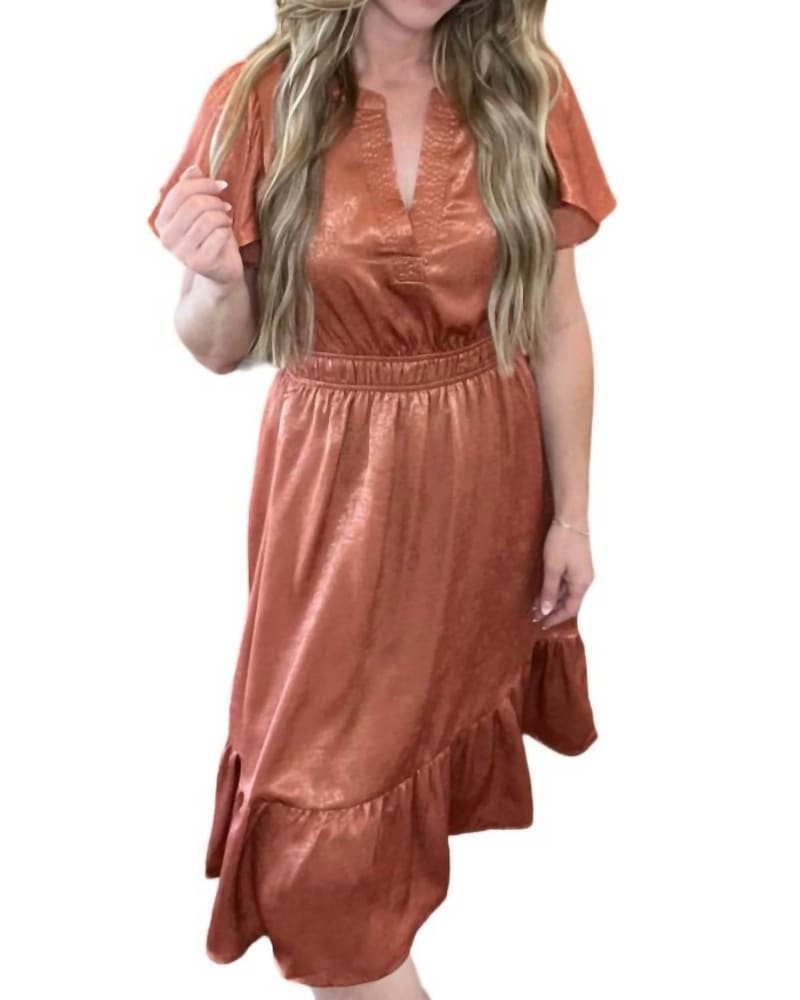 Front of a model wearing a size L Leylani Crushed Satin Dress In Rust in Rust by mystree. | dia_product_style_image_id:359655